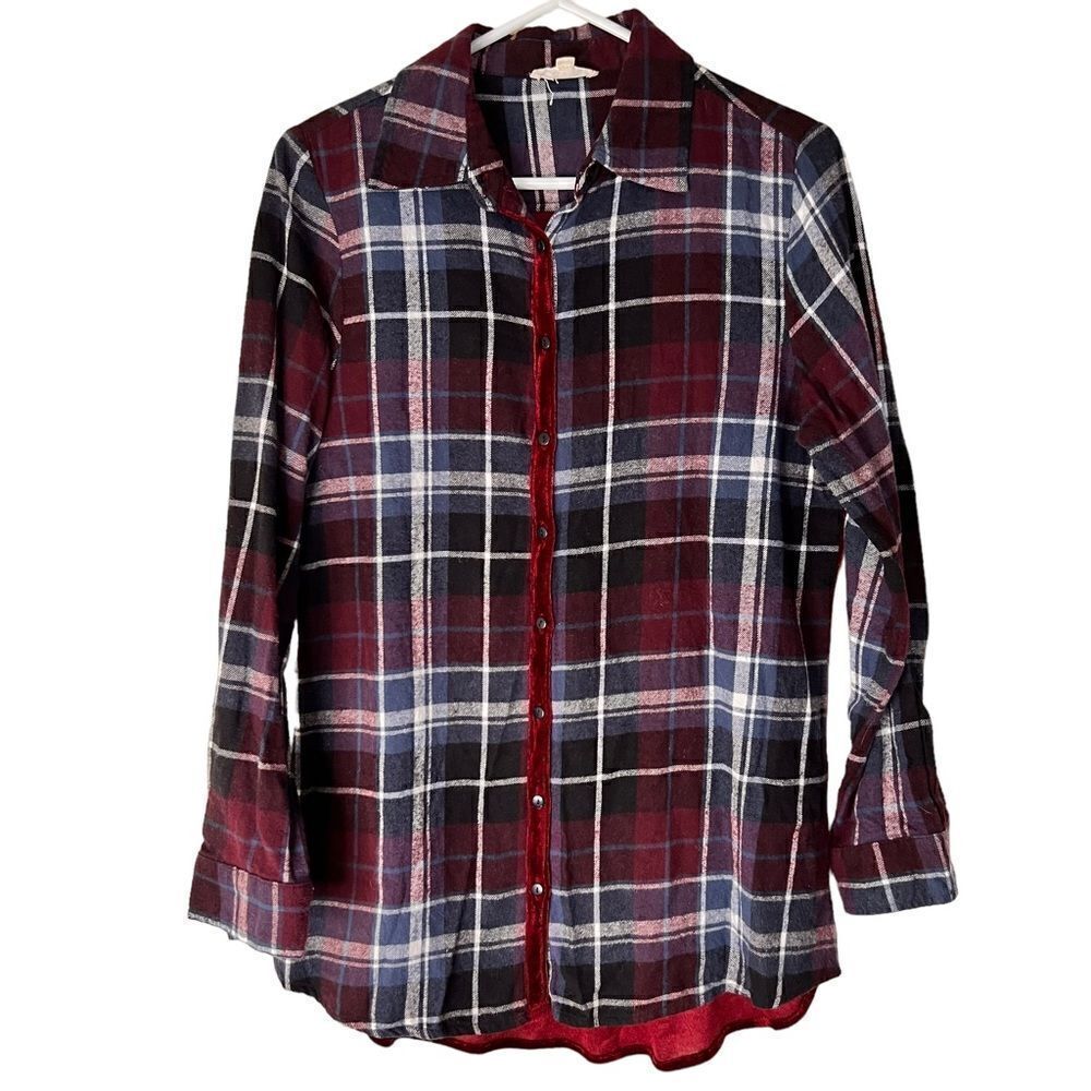 Indigo Thread Co maroon plaid flannel with velvet embroidered back detail S - Picture 2 of 8